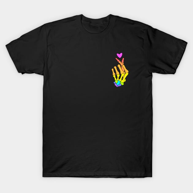 Rainbow Finger Heart Skeleton Hand T-Shirt by bloomingviolets